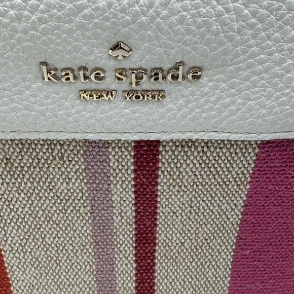 Kate Spade Leila Striped Canvas Triple Gusset Crossbody bag pebbled leather trim - Picture 8 of 10